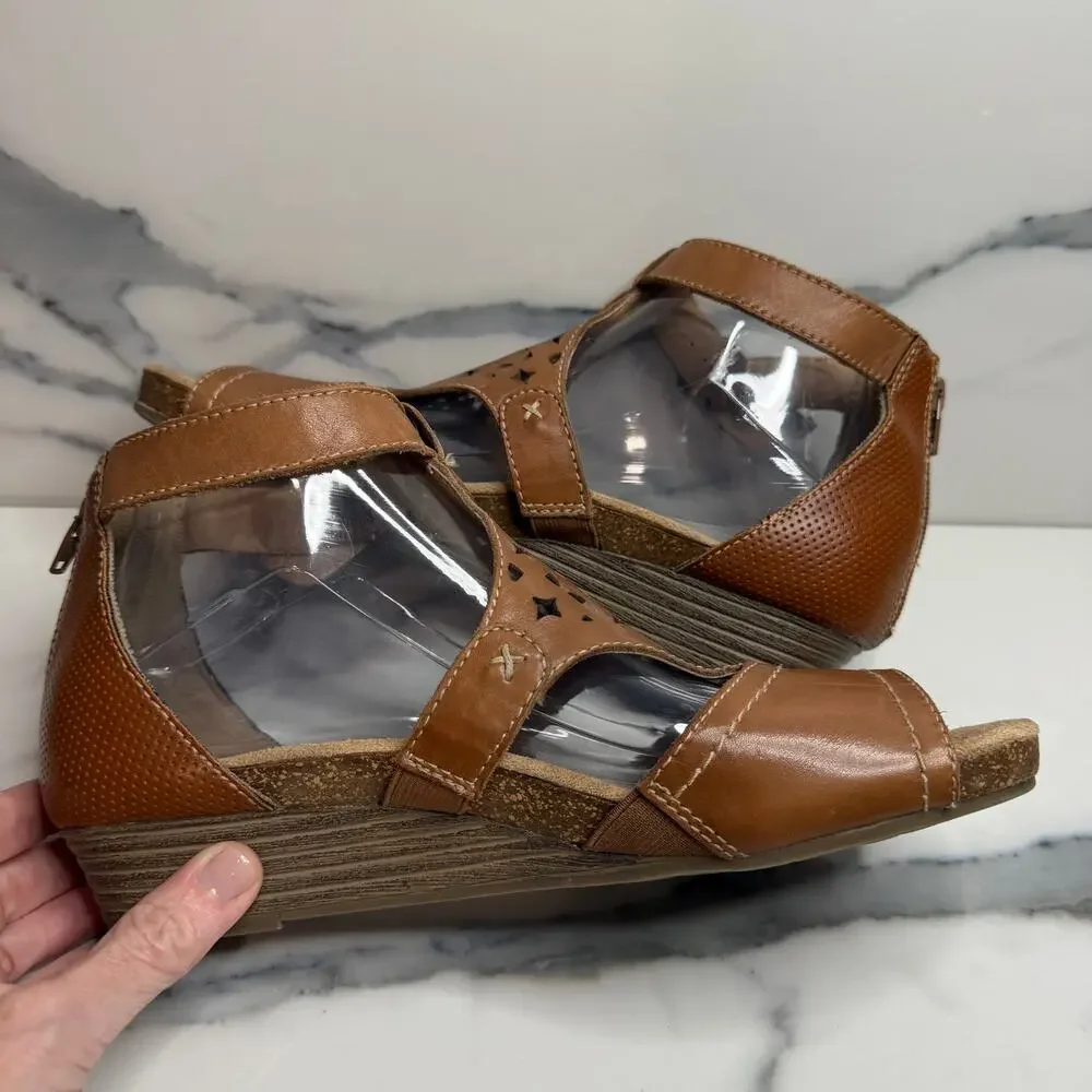 Earth Origins Wmns Tan Leather Hermia Wedge Sandals Sz 9.5 Festival Boho Comfort